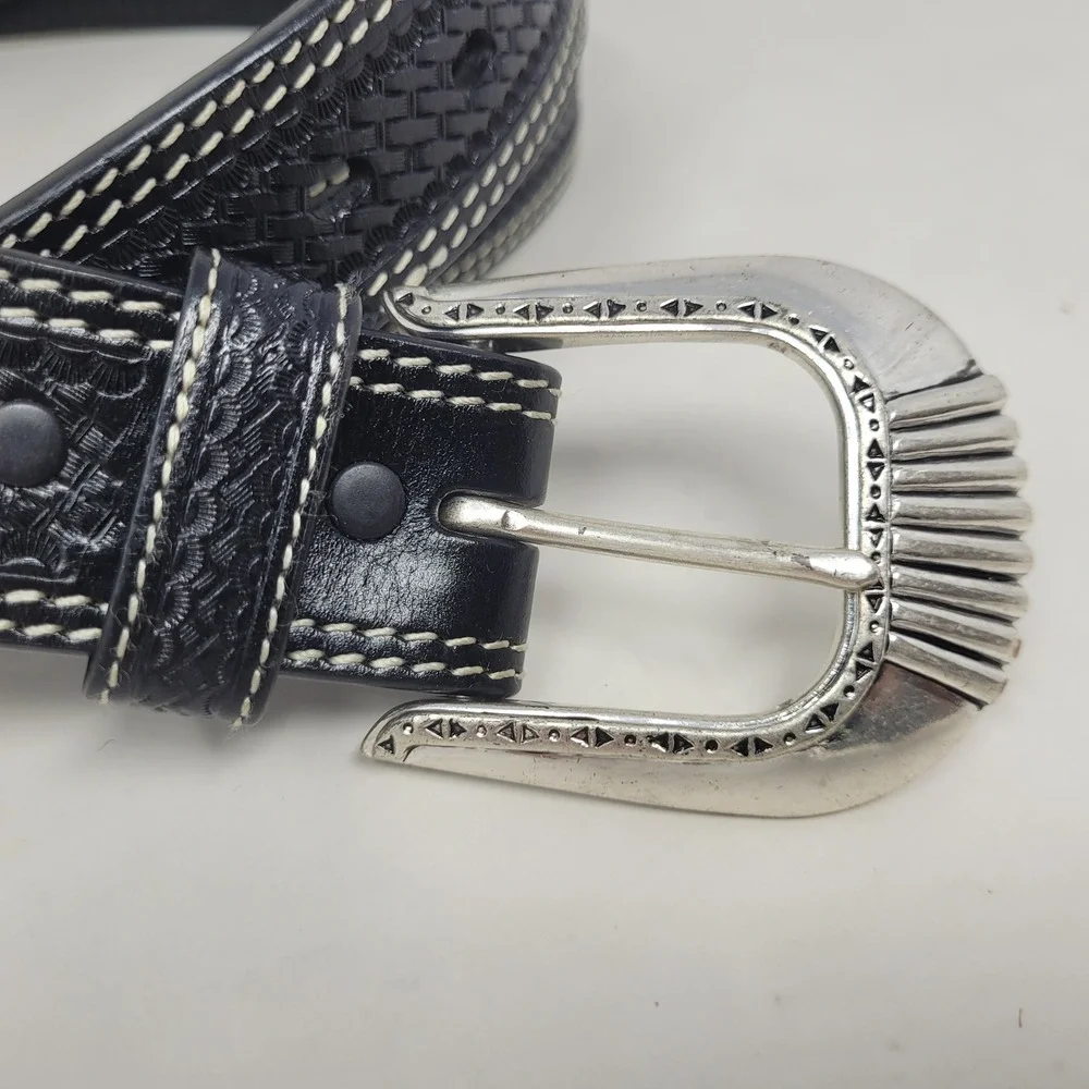 Cowboy Chrome Belt Mens 46 Black Leather Handtooled Basketweave Western Cowboy